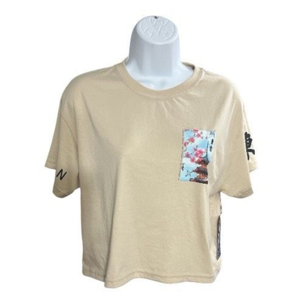 Weekend Warrior Women TOKIO JAPAN Tan Graphic Cropped Tshirt Size M Cotton Blend